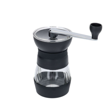 Moinho preto da Hario com frasco transparente. Fundo branco.